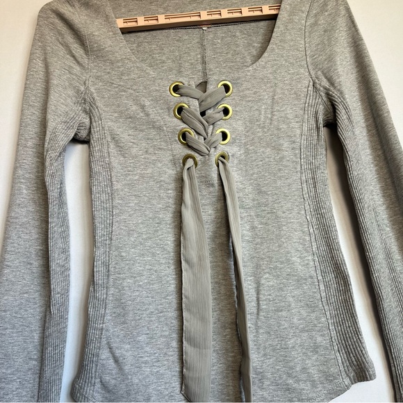 Free People Looking Back Lace Up Long Sleeve Scoop Neck Corset Top XS Gray - Picture 15 of 16